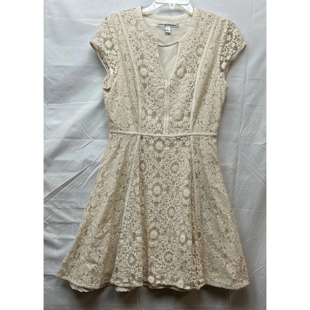 LC Lauren Conrad Dress 10 Cream Floral Lace Fit Flare V Neck Cap Sleeve